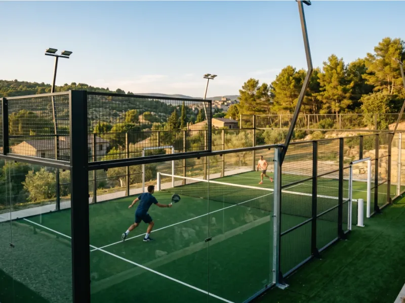 Prix pour un Court de padel panoramique extérieur moderne dans le sud de la France, avec structure noire, gazon synthétique vert foncé