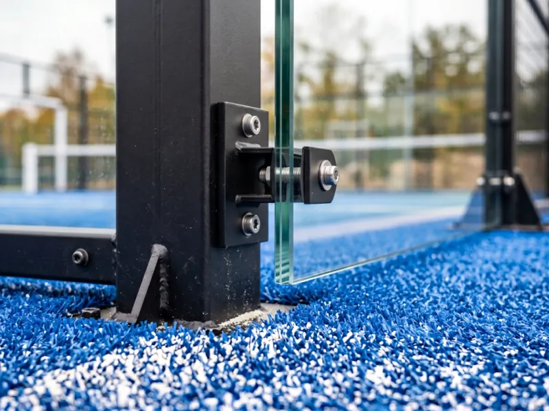 Détail de fabrication d’un terrain de padel avec poteau en acier galvanisé thermolaqué, vitrage trempé 12 mm et gazon synthétique technique, pour une construction premium et durable de court de padel