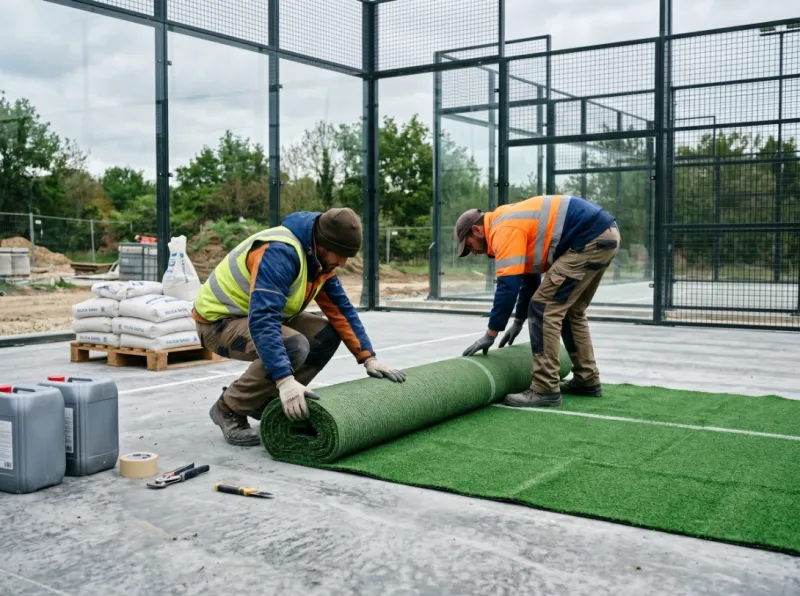 Chantier de construction de terrain de padel en France avec pose de gazon synthétique, collage technique et préparation de surface