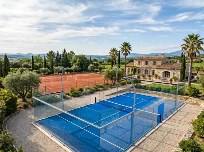 Terrain de padel panoramique neuf dans un club premium en Provence, exemple de construction haut de gamme pour estimer le prix d’un terrain de padel et valoriser un projet sportif clé en main