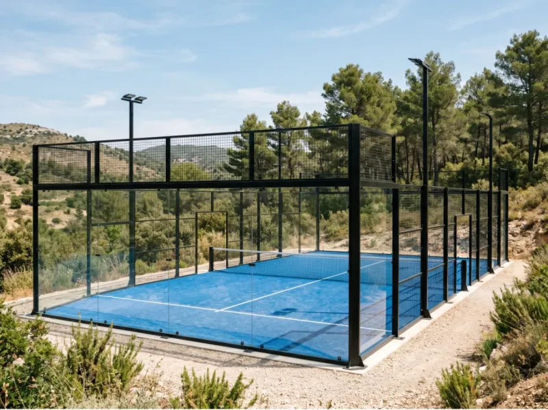 Constructeur de terrain de padel à Marseille : court extérieur neuf avec structure en acier galvanisé thermolaqué, vitrage trempé 12 mm et gazon synthétique premium pour un projet durable dans les Bouches-du-Rhône