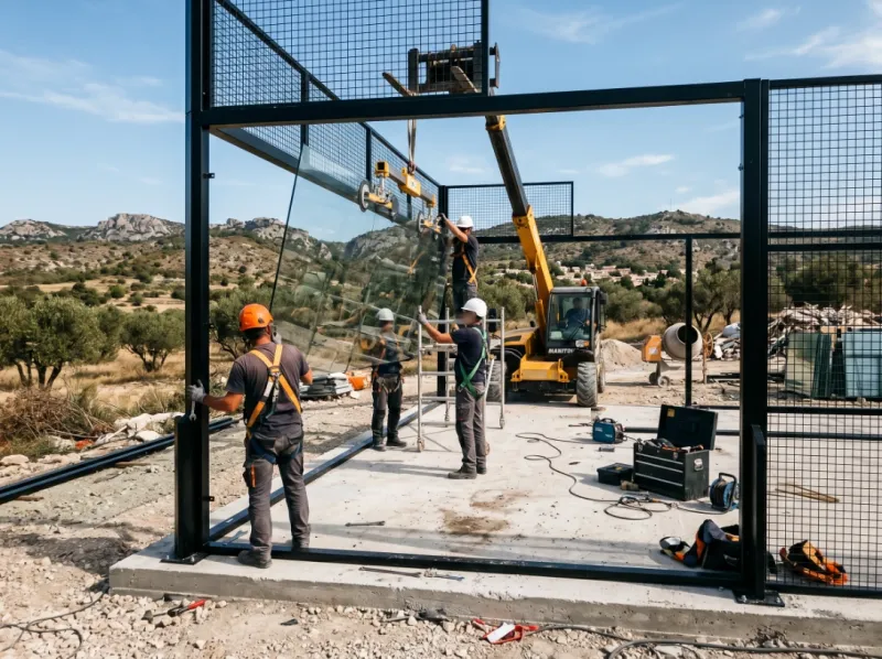 Construction de terrain de padel dans les Bouches-du-Rhône avec pose de structure acier et panneaux de verre trempé, illustration du savoir-faire d’un fabricant local de courts de padel à Marseille