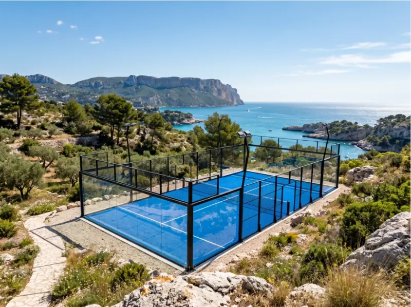 Terrain de padel premium en bord de Méditerranée vers Cassis, conçu avec acier galvanisé et finitions haut de gamme pour résister au sel, au soleil et au mistral dans la région de Marseille