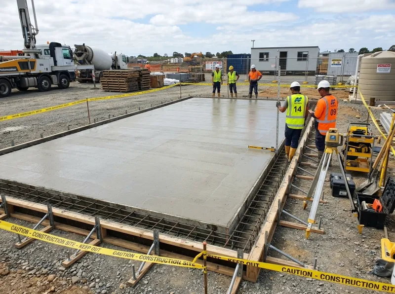 Dalle béton de fondation pour terrain de padel de 15 à 20 cm d'épaisseur avec ferraillage et coffrages rectilignes, respectant les normes de construction professionnelle