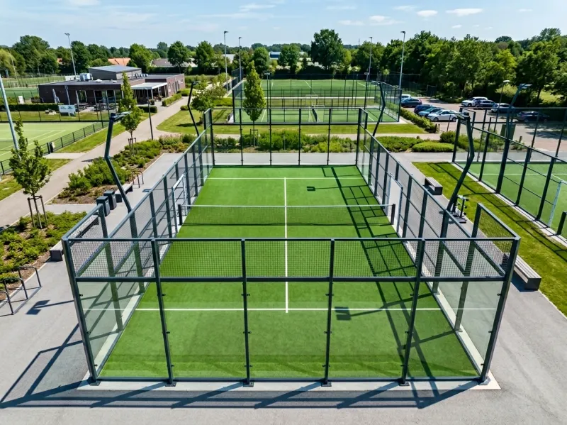 Installation professionnelle de deux courts de padel adjacents respectant l'espacement FFT de 1,40 mètre entre structures et les zones de circulation périphériques réglementaires