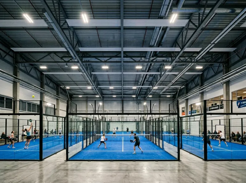 Complexe indoor de terrains de padel avec hauteur sous plafond de 7 à 8 mètres, éclairage intégré et espacement conforme aux normes FFT pour exploitation commerciale