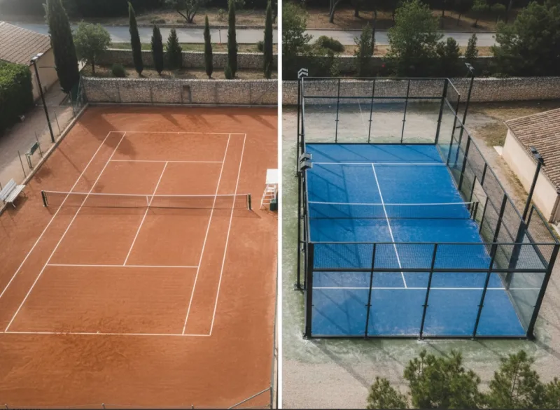 Comparaison aérienne entre un court de tennis traditionnel et un court de padel outdoor, dimensions et structure.