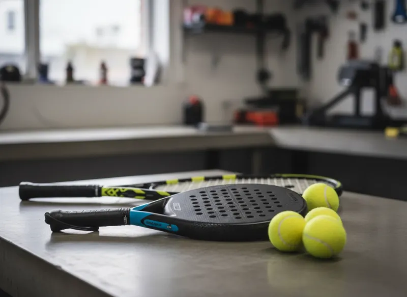 Raquettes de padel en EVA et carbone comparées à une raquette de tennis traditionnelle, balles padel et tennis