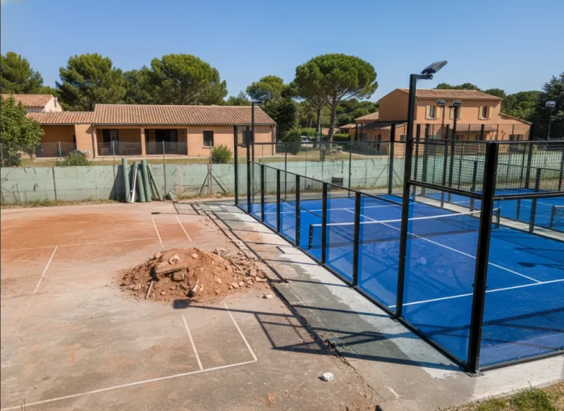 Conversion d'un ancien court de tennis en deux courts de padel panoramique outdoor dans un club du sud de la France