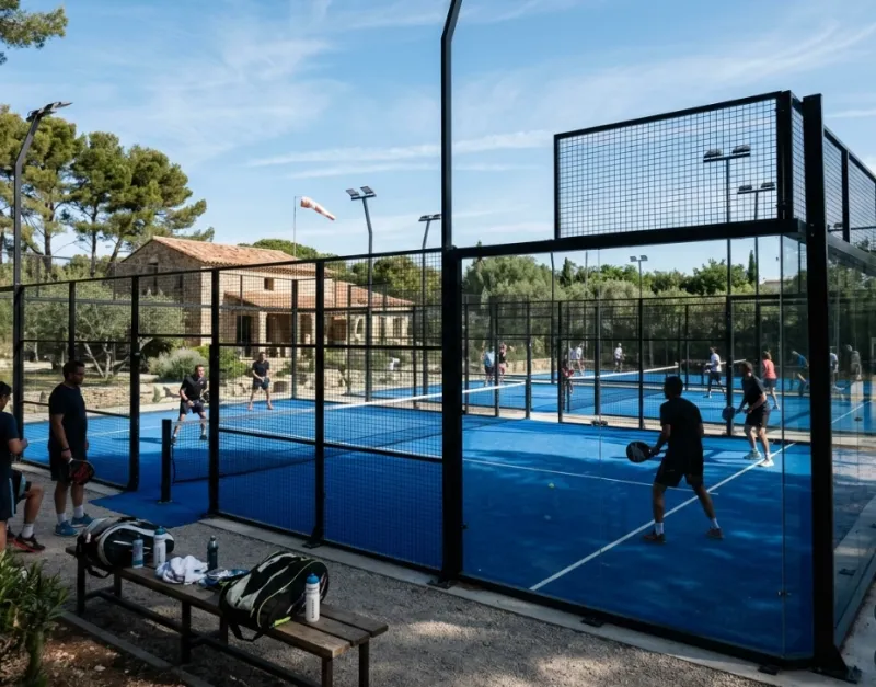 Club de padel outdoor du sud de la France un samedi matin, quatre courts en activité avec joueurs en doublette.