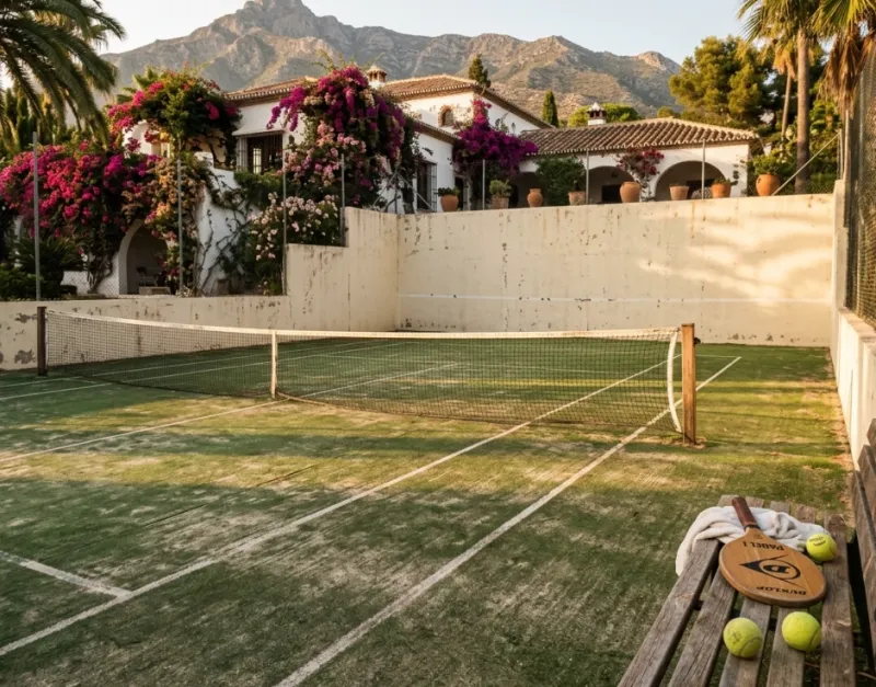  Court de padel vintage des années 70 à Marbella en Andalousie, murs pleins en béton et raquette en bois d'époque