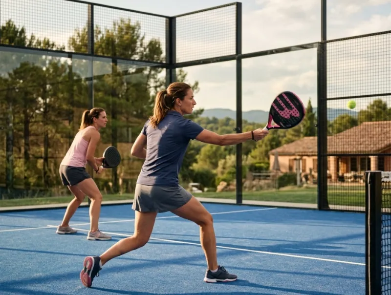 Deux joueuses de padel en match de doubles sur un court panoramique outdoor en Provence, fin d'après-midi