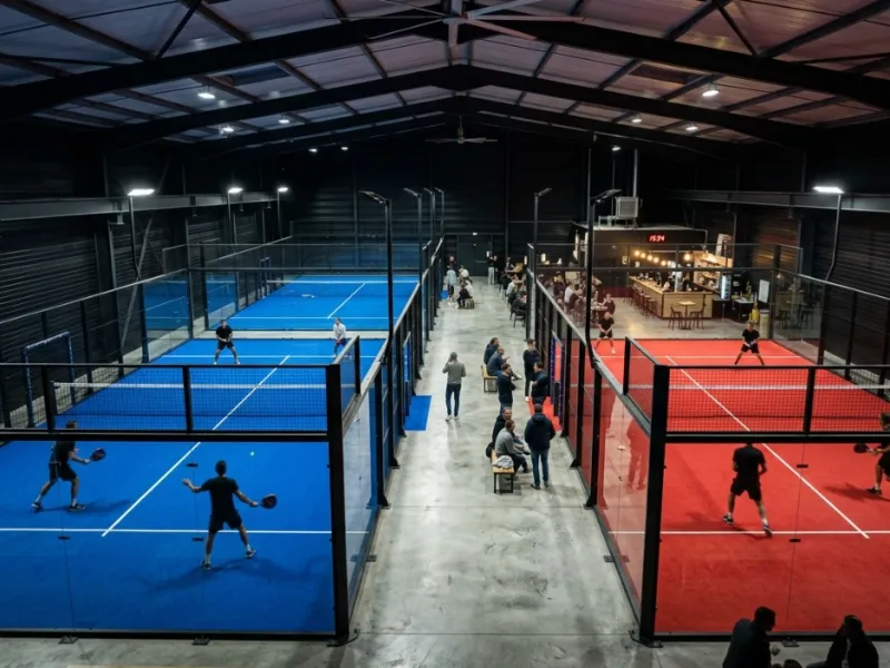 Complexe commercial padel indoor avec quatre courts panoramiques éclairés LED, intérieur d'un hangar reconverti.