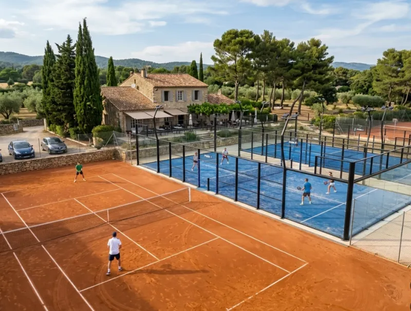 Club de tennis du sud de la France ayant ajouté deux courts de padel panoramique à côté d'un court de terre battue.