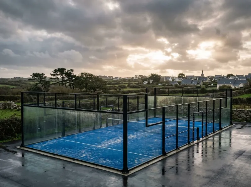 Court de padel outdoor en Bretagne sur dalle béton, structure acier galvanisé noir, verre trempé 18 mm et gazon synthétique bleu