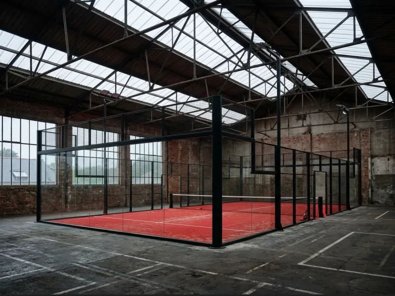Court de padel indoor installé dans une halle industrielle reconvertie dans l'Ouest de la France, gazon synthétique rouge, éclairage LED asymétrique et verre trempé 18 mm